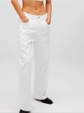 Zara x Kaia Coated High Rise Baggy Wide Leg White Jeans Size 10